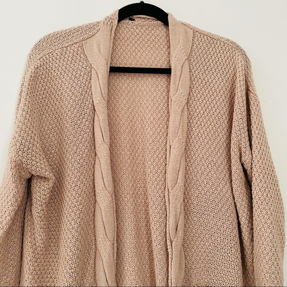 Neutral Mauve Tan Knit Open Cardigan Sweater with Deep Front Pockets - Picture 2 of 13